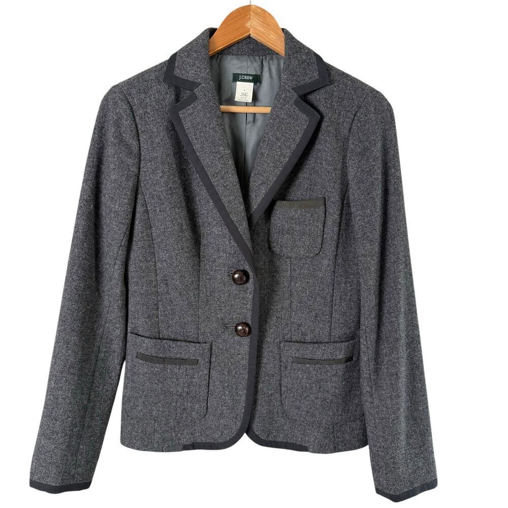 J.Crew 100% Wool 2-Button Blazer Jacket Charcoal Gray with Black Piping, Size 2